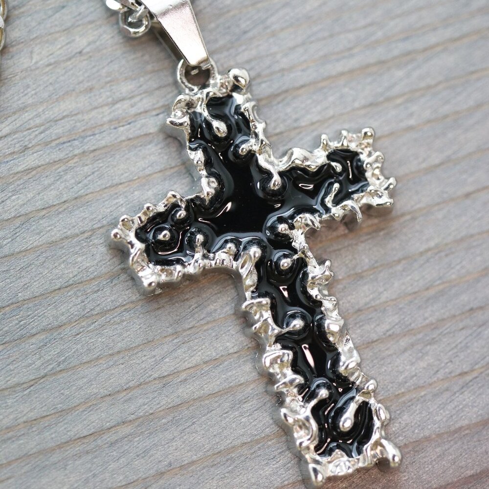 Cross Black/White Pendant 3.5mm Cuban Chain Necklace Silver Stainless Steel
